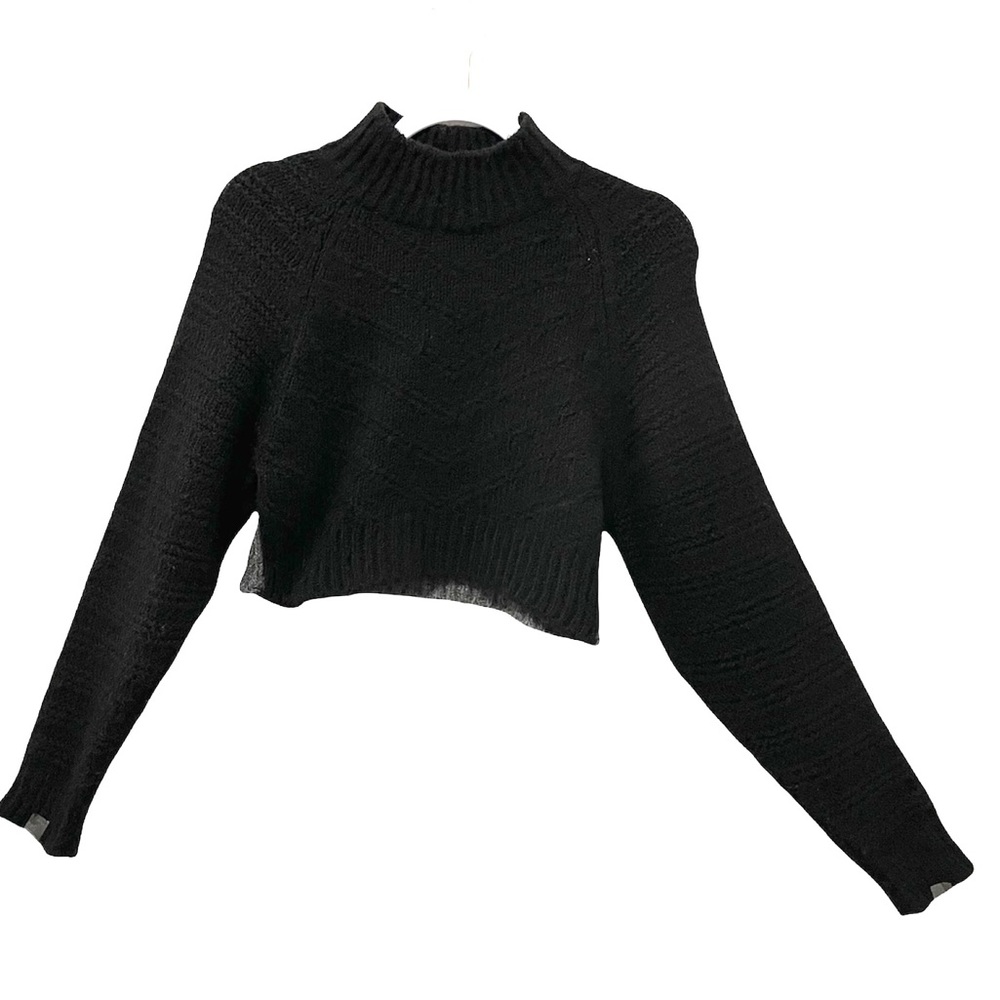 Topshop Black and Grey Cropped Knit Sweater, Long Sleeve, Mock Neck, XS